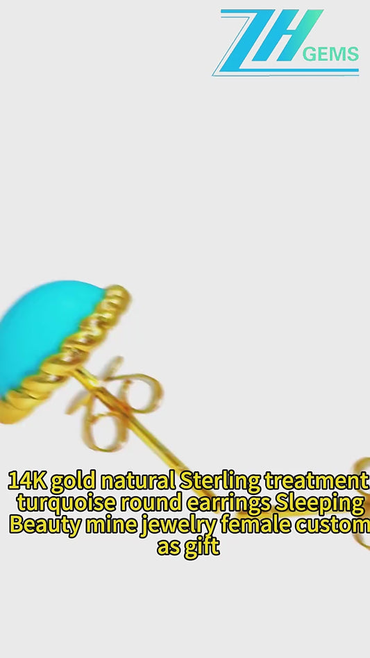 14k Gold Natural Sterling Treatment Turquoise Round Earrings Sleeping Beauty Mine Jewelry Female Custom As Gift