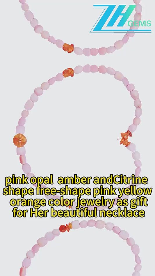Pink Opal Amber And citrine Shape Free-shape Pink Yellow Orange Color Jewelry As Gift For Her Beautiful Necklace