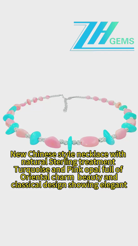 New Chinese Style Necklace Natural Turquoise And Pink Opal Full Of Oriental Charm Beauty And Classical Design Showing Elegant