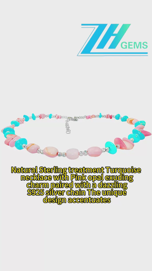 Natural Sterling Treatment Turquoise Necklace With Pink Opal Exuding Charm Paired With A Dazzling S925 Silver Unique Design
