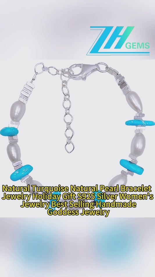 Natural Turquoise Natural Pearl Bracelet Jewelry Holiday Gift S925 Silver Women's Jewelry Best Selling Handmade Goddess Jewelry