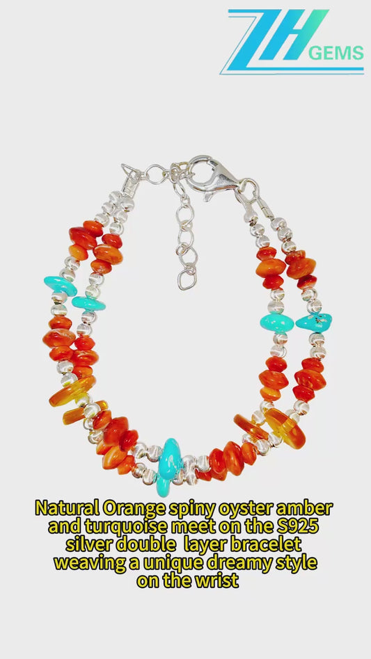 Natural Orange Spiny Oyster Amber And Turquoise Meet On The S925 Silver Double Layer Bracelet Weaving A Unique