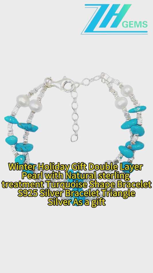 Winter Holiday Gift Double Layer Pearl With Natural Sterling Treatment Turquoise Shape Bracelet S925 Silver