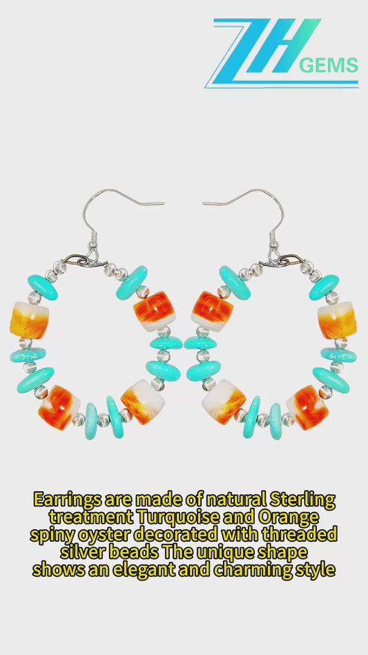 Earrings Are Made Of Natural Sterling Treatment Turquoise And Orange Spiny Oyster Decorated With Threaded Silver Beads