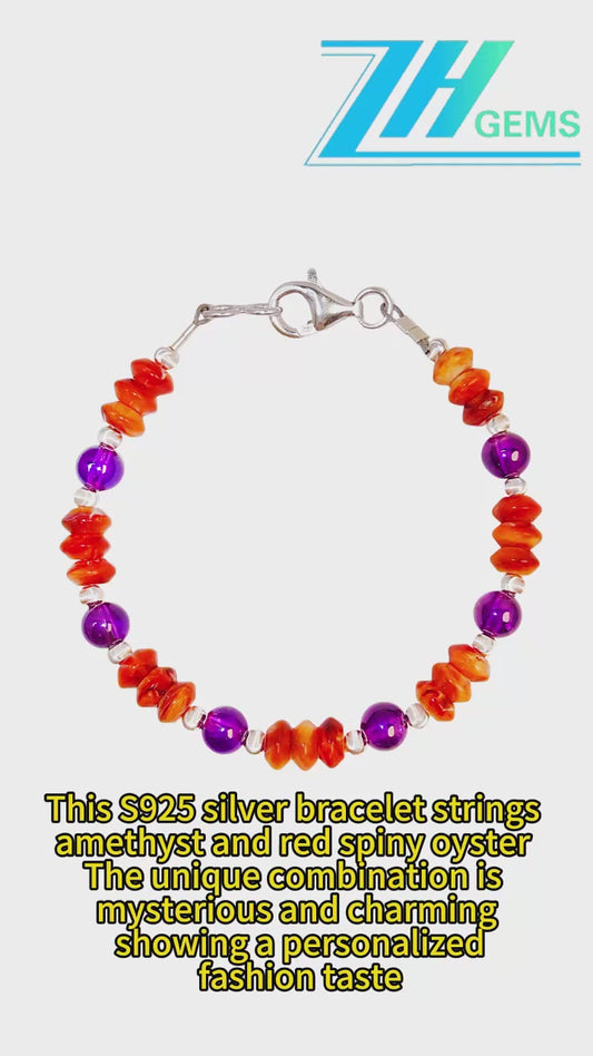 This S925 Silver Bracelet Strings Amethyst And Red Spiny Oyster The Unique Combination Is Mysterious And Charming