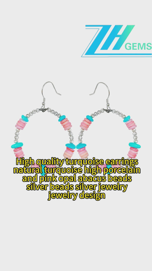 High Quality Turquoise Earrings Natural Turquoise High Porcelain And Pink Opal Abacus Beads Silver Beads,Silver Jewelry