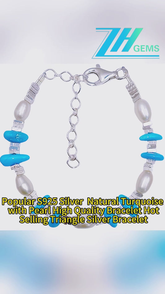 Popular S925 Silver & Natural Turquoise With Pearl High Quality Bracelet Hot Selling Triangle Silver Bracelet
