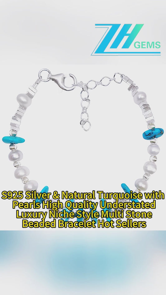 S925 Silver & Natural Turquoise With Pearls High Quality Understated Luxury Niche Style Multi Stone Beaded Bracelet Hot Sellers