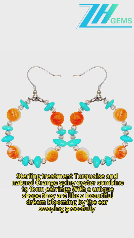 Sterling treatment Turquoise and natural Orange spiny oyster combine to form earrings With a unique shape they are like a beautiful dream blooming by the ear swaying gracefully