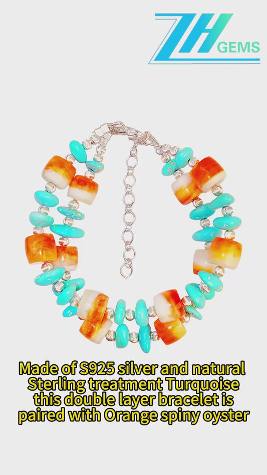 Made Of S925 Silver And Natural Sterling Treatment Turquoise This Double Layer Bracelet Is Paired With Orange Spiny Oyster