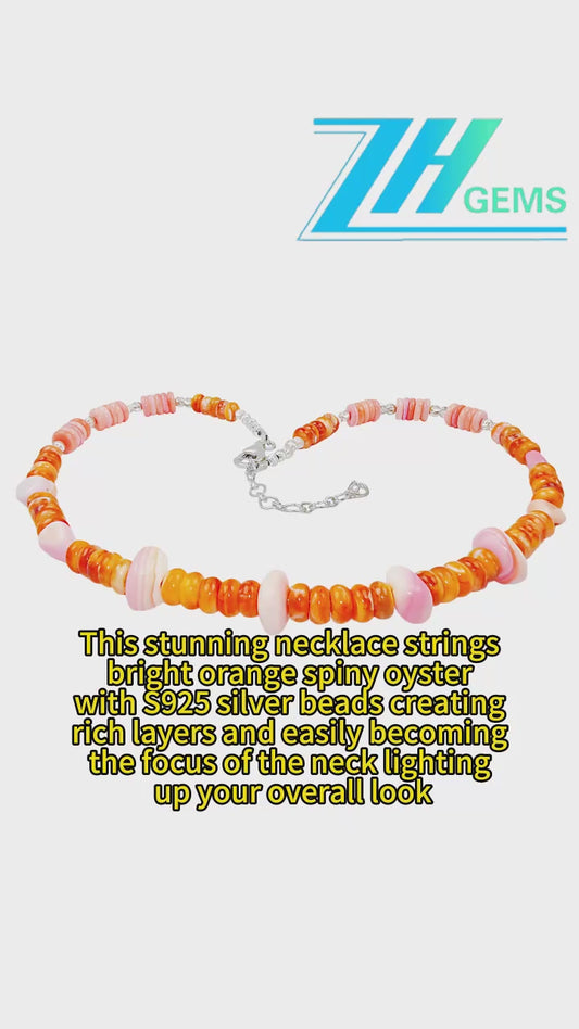 This Stunning Necklace Strings Bright Orange Spiny Oyster With S925 Silver Beads Creating Rich Layers And Easily Lighting Up