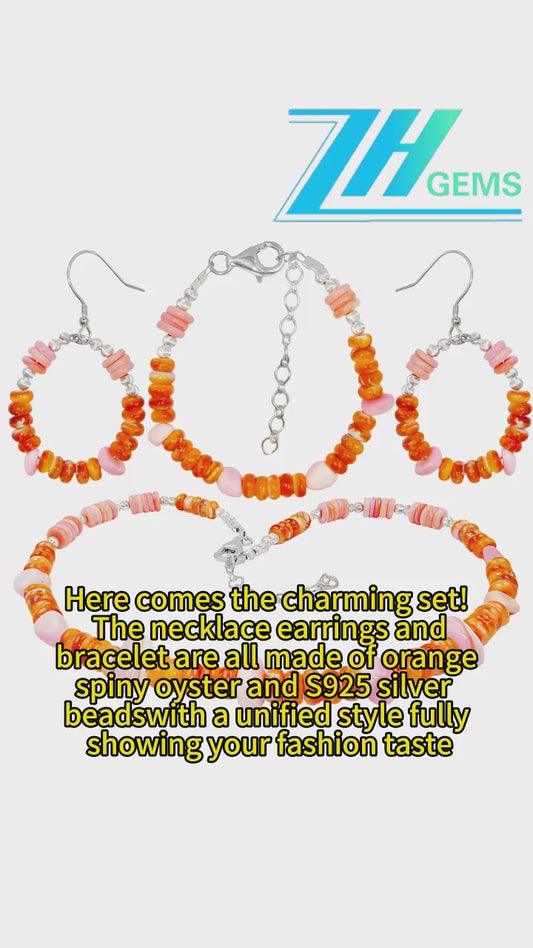 Here Comes The Charming Set! The Necklace Earrings And Bracelet Are All Made Of Orange Spiny Oyster And S925 Silver
