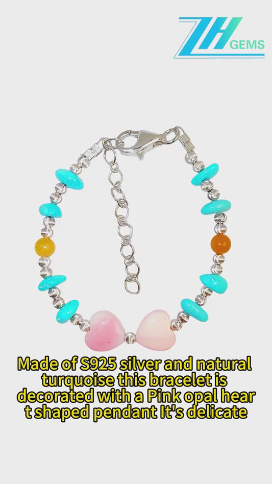Made Of S925 Silver And Natural Turquoise This Bracelet Is Decorated With A Pink Opal Heart Shaped Pendant It's Delicate