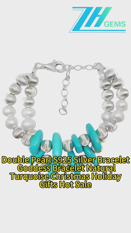 Double Pearl S925 Silver Bracelet Goddess Bracelet Natural Turquoise Christmas Holiday Gifts Hot Sale