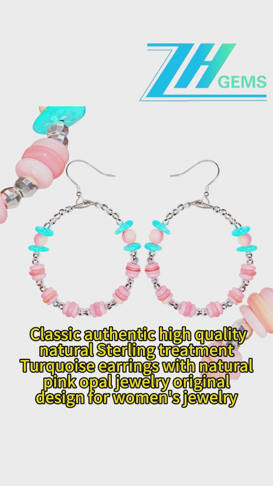 Classic Authentic High Quality Turquoise Earrings With Natural Pink Opal,Jewelry Original Design For Women's Jewelry