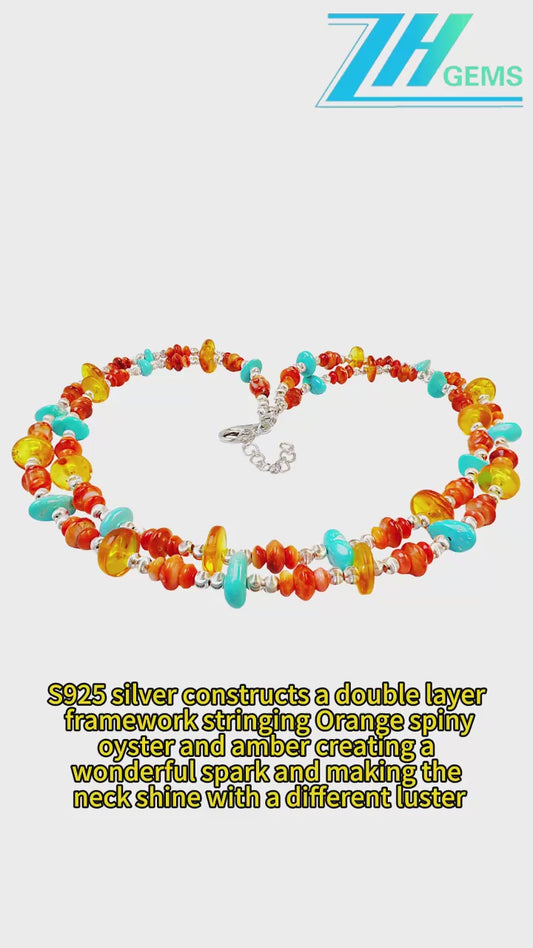 S925 Silver Constructs A Double Layer Framework Stringing Orange Spiny Oyster And Amber Creating A Wonderful Spark