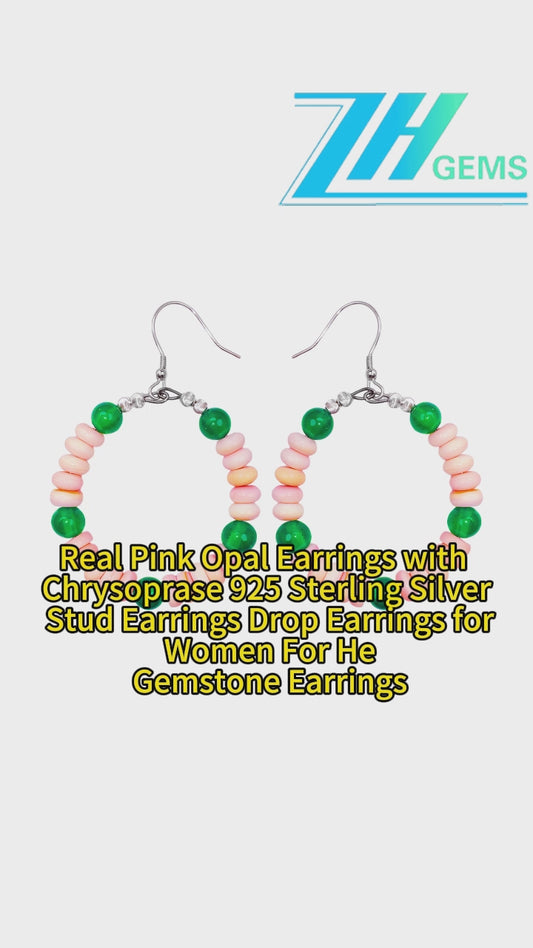 Real Pink Opal Earrings With Chrysoprase 925 Sterling Silver Stud Drop Earrings For Women For Her Gemstone Gift