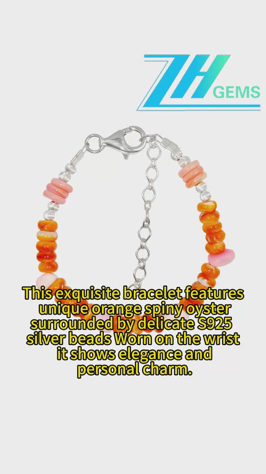 This Exquisite Bracelet Features Unique Orange Spiny Oyster Surrounded By Delicate S925 Silver Beads Shows Elegance