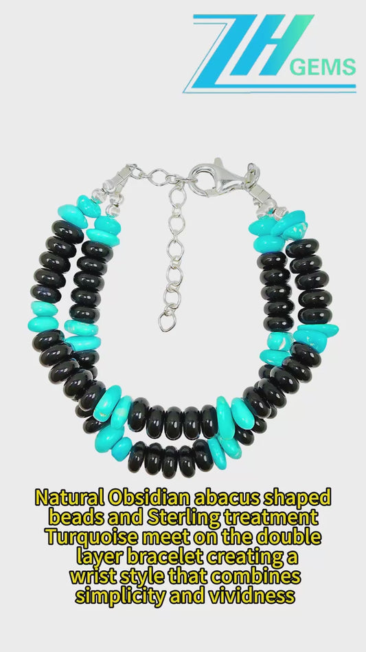 Natural Obsidian Abacus Shaped Beads And Sterling Treatment Turquoise Meet On The Double Layer Bracelet Creating Wrist Styl