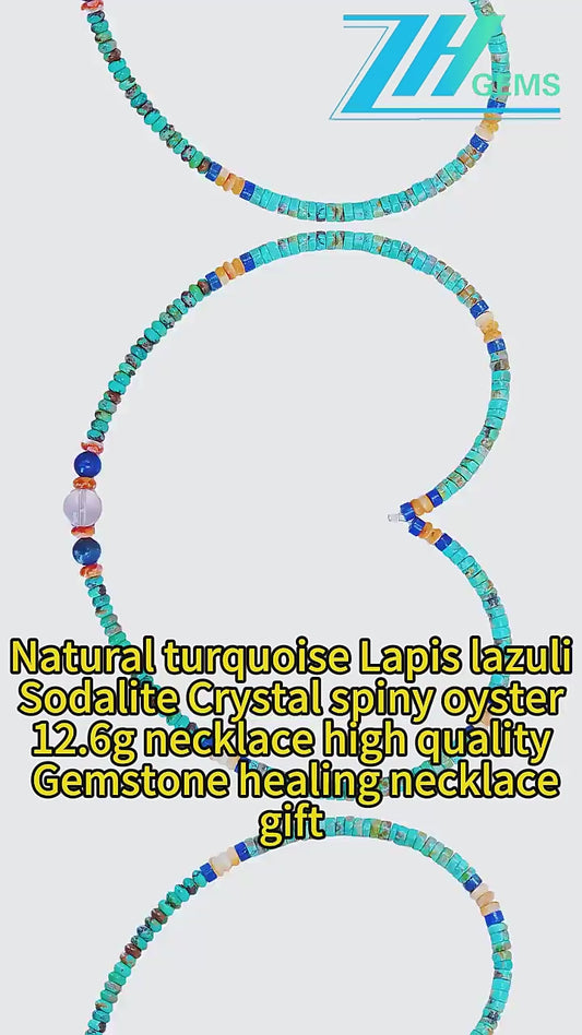 Natural Turquoise Lapis Lazuli Sodalite Crystal Spiny Oyster 12.6g Necklace High Quality Gemstone Healing Necklace Gift
