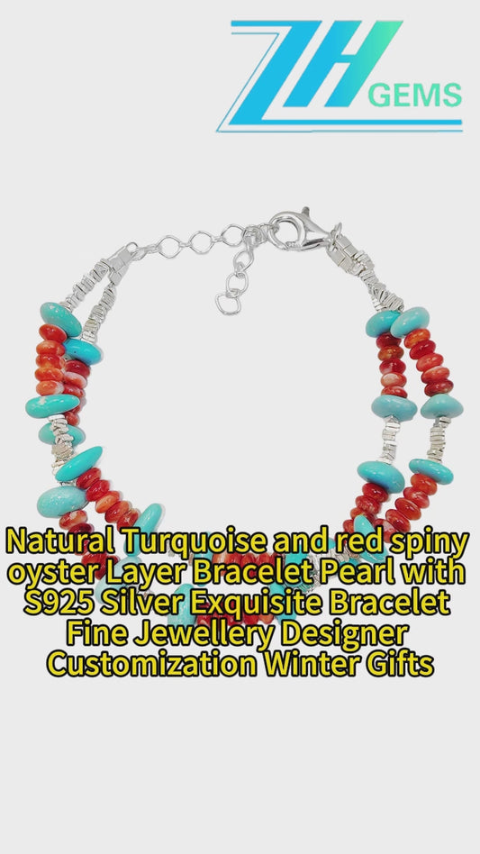 Natural Turquoise And Red Spiny Oyster Layer Bracelet With S925 Silver Exquisite Bracelet Fine Jewellery