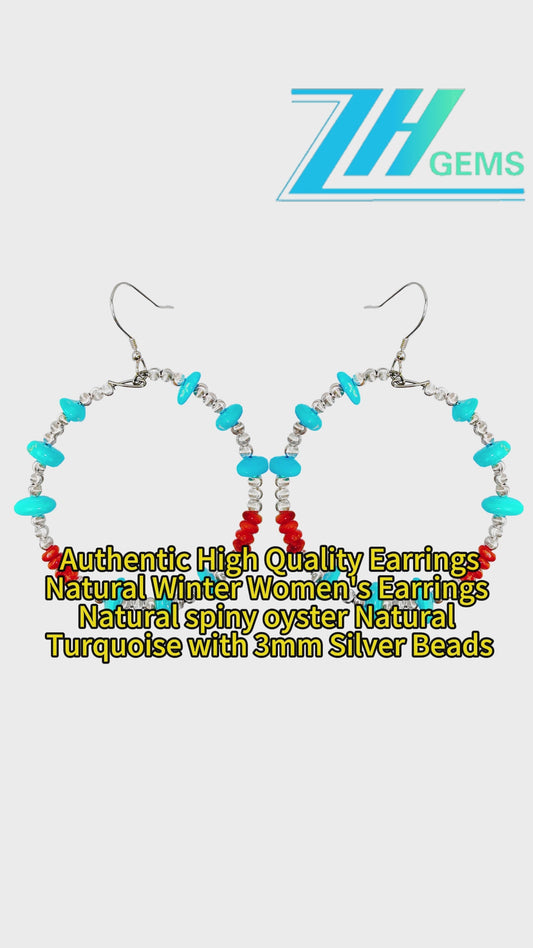 Authentic High Quality Earrings Natural Winter Women's Earrings Natural Spiny Oyster Natural Turquoise With 3mm Silver Beads