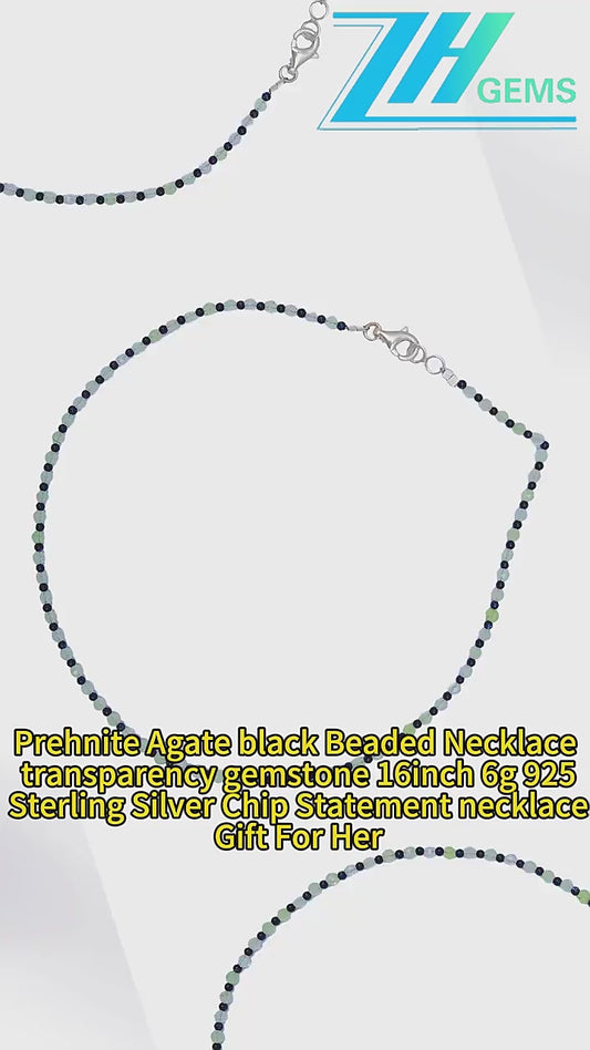 Prehnite Agate Black Beaded Necklace Transparency Gemstone 16inch 6g 925 Sterling Silver Chip Statement Necklace Gift For Her