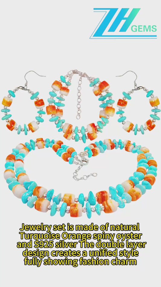 Jewelry Set Is Made Of Natural Sterling Treatment Turquoise Orange Spiny Oyster And S925 Silver The Double Layer Design Creates