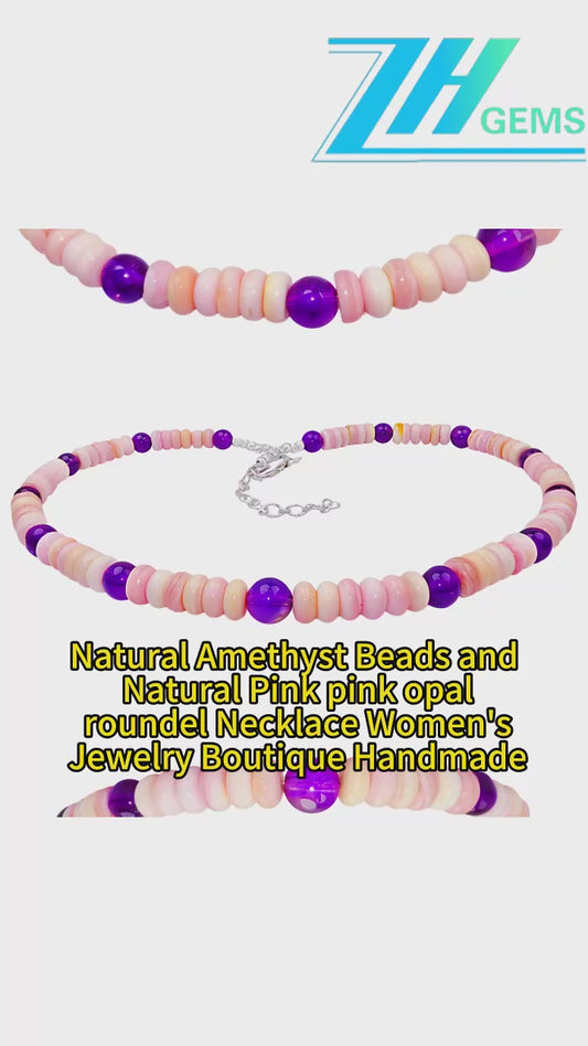 Natural Amethyst Beads And Natural Pink Pink Opal Roundel Necklace Women's Jewelry Boutique Handmade