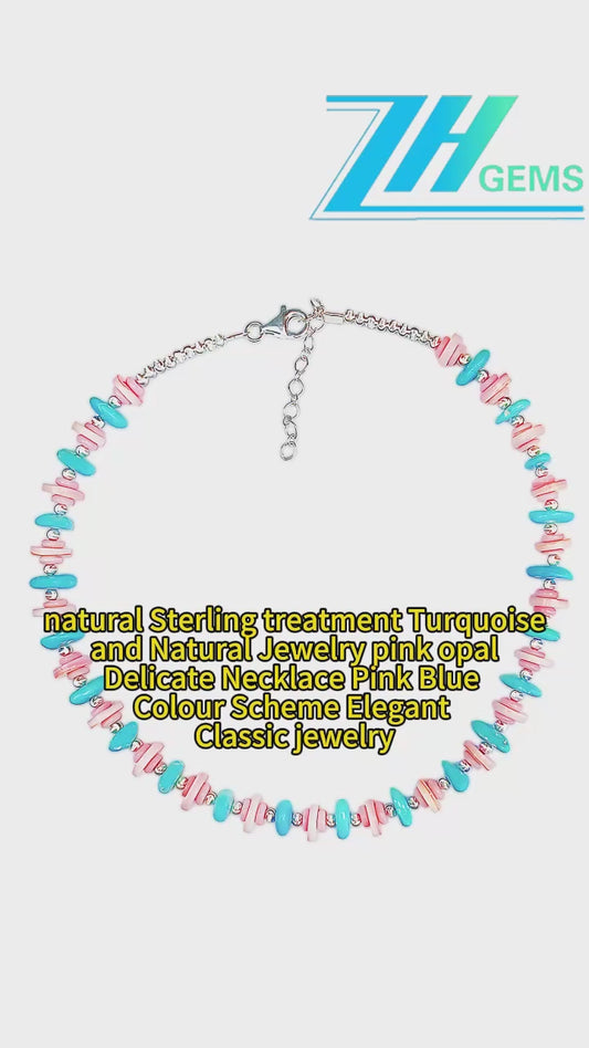Natural Sterling Treatment Turquoise And Natural Jewelry Pink Opal Delicate Necklace Pink Blue Colour