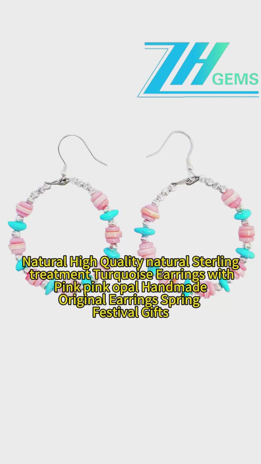 Natural High Quality Natural Sterling Treatment Turquoise Earrings With Pink Pink Opal Handmade Original