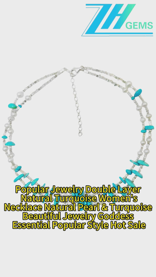 Popular Jewelry Double Layer Natural Turquoise Women's Necklace Natural Pearl & Turquoise Beautiful Jewelry