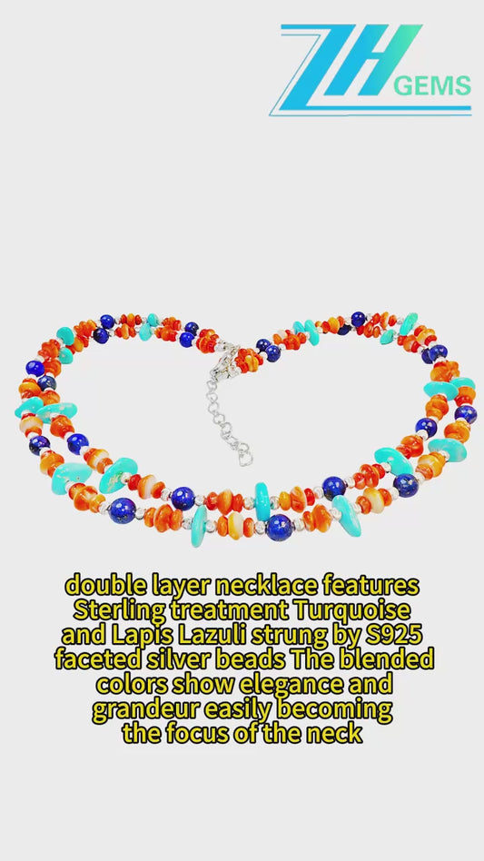 Double Layer Necklace Features Sterling Treatment Turquoise And Lapis Lazuli Strung By S925 Faceted Silver Beads