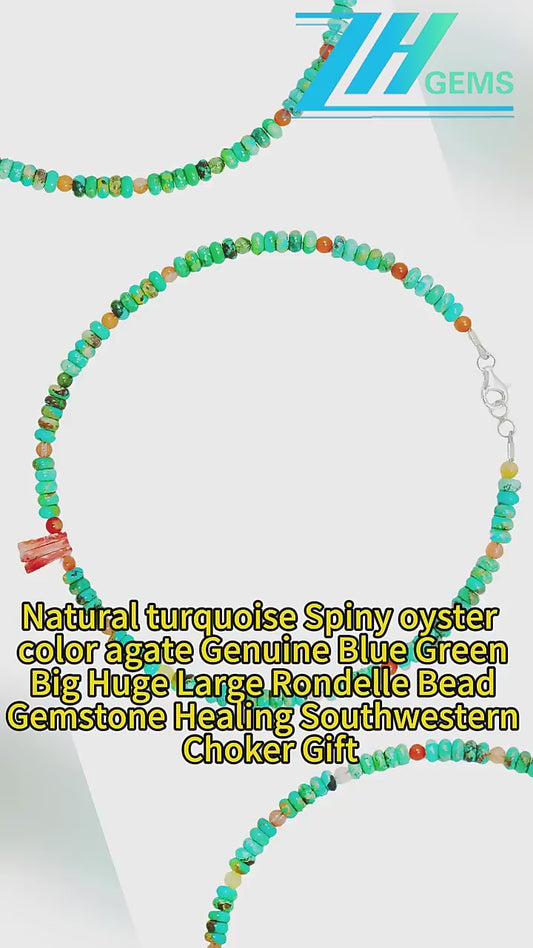 Natural Turquoise Spiny Oyster Color Agate Genuine Blue Green Big Huge Large Rondelle Bead Gemstone Healing Southwestern