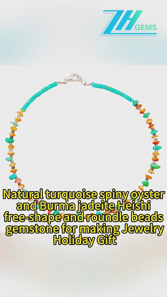 Natural Turquoise Spiny Oyster And Burma Jadeite Heishi Free-shape And Roundle Beads Gemstone For Making Jewelry Holiday Gift