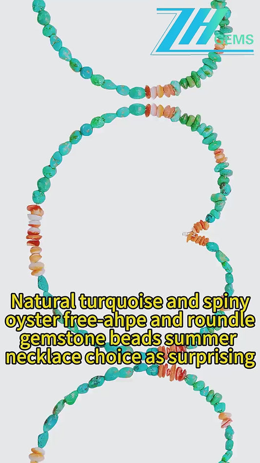 Natural Turquoise And Spiny Oyster Free-ahpe And Roundle Gemstone Beads Summer Necklace Choice As Surprising