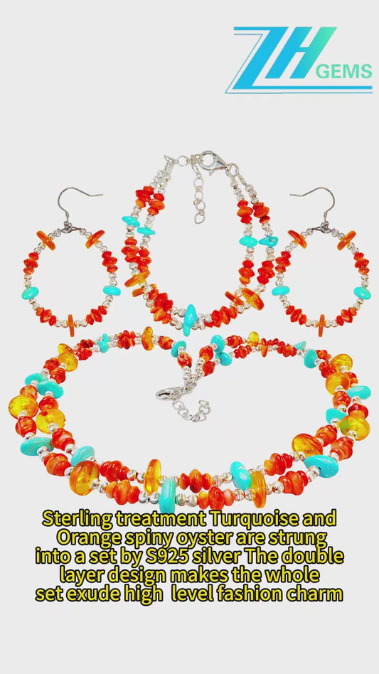 Sterling Treatment Turquoise And Orange Spiny Oyster Are Strung Into A Set By S925 Silver
