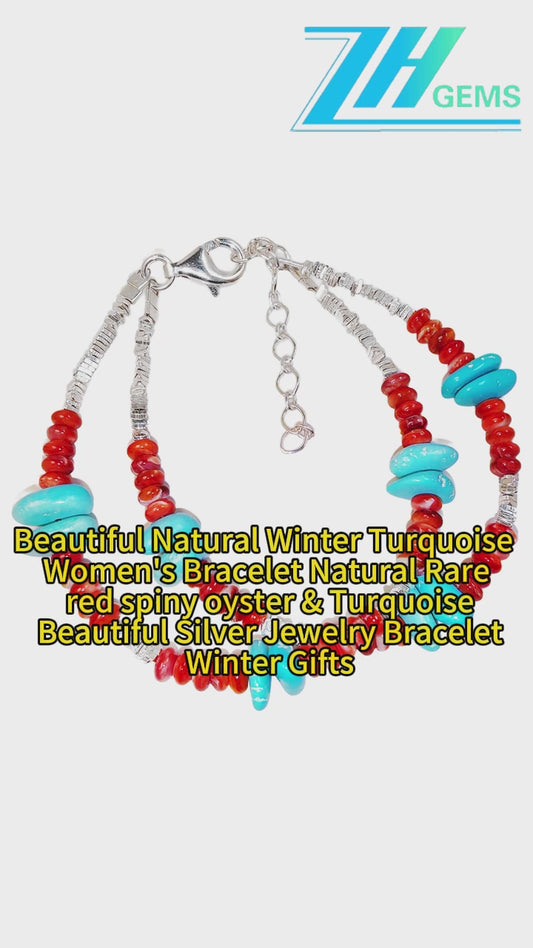 Beautiful Natural Winter Turquoise Women's Bracelet Natural Rare Red Spiny Oyster & Turquoise Beautiful Silver