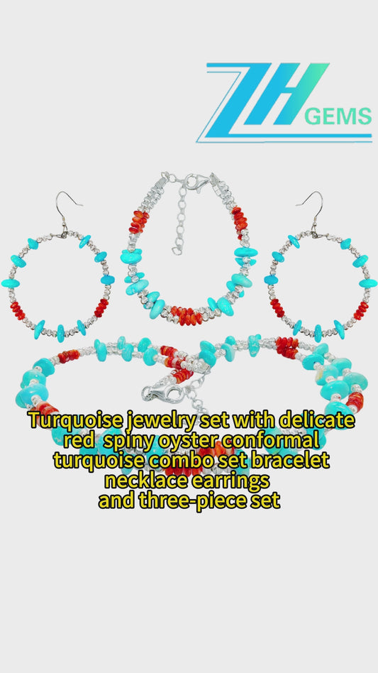 Turquoise Jewelry Set With Delicate Red Spiny Oyster Conformal Turquoise Combo Set Bracelet Necklace