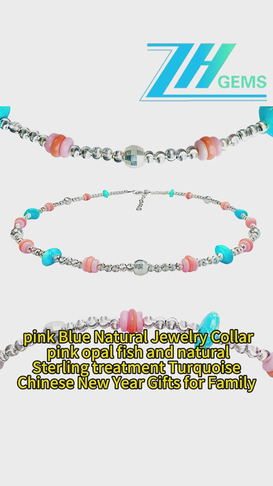 Pink Blue Natural Jewelry Collar Pink Opal Fish And Natural Turquoise Chinese New Year Gifts For Family