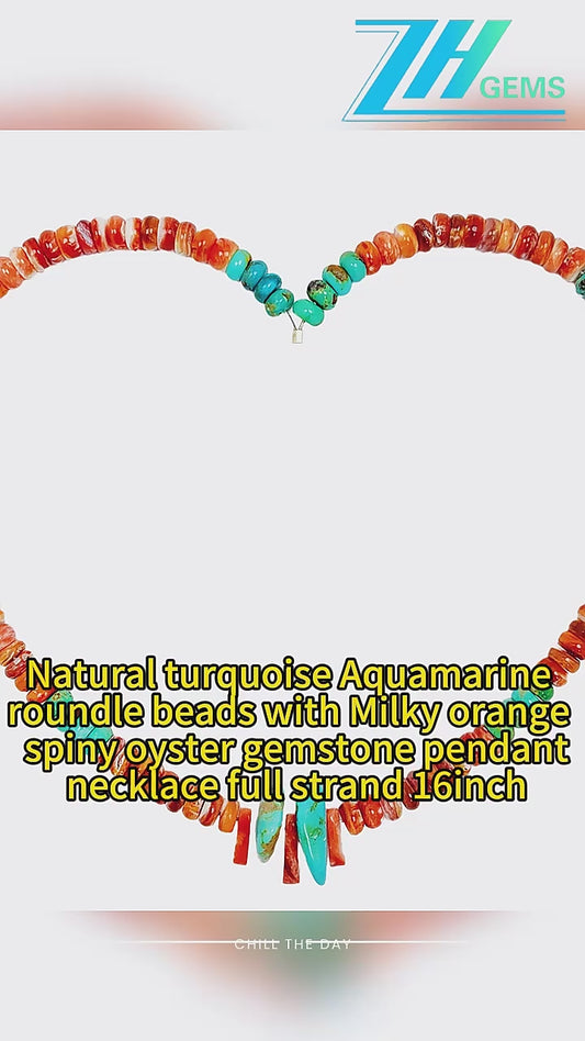 Natural Turquoise Aquamarine Roundle Beads With Milky Orange Spiny Oyster Gemstone Pendant Necklace Full Strand 16inch