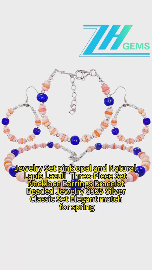 Jewelry Set Pink Opal And Natural Lapis Lazuli Three-piece Set Necklace Earrings Bracelet Beaded Jewelry S925 Silver Classic