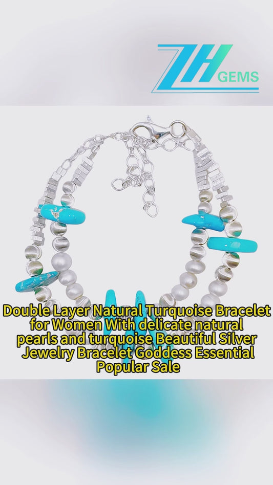 Double Layer Natural Turquoise Bracelet For Women Turquoise Beautiful Silver Jewelry Bracelet Goddess Essential Popular Sale