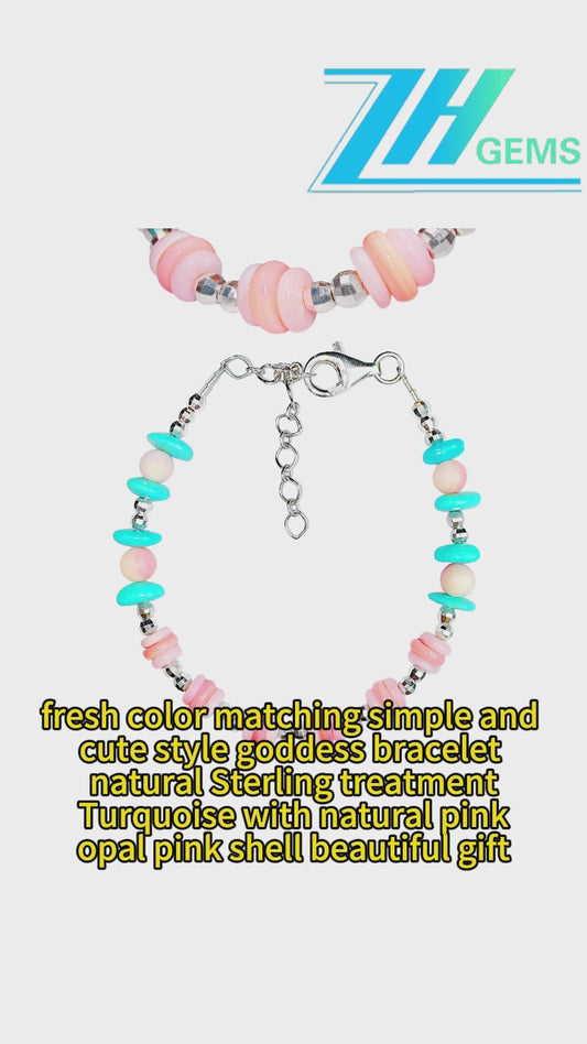 Fresh Color Matching Simple And Cute Style Goddess Bracelet Turquoise With Natural Pink Opal Pink Shell Beautiful Gift