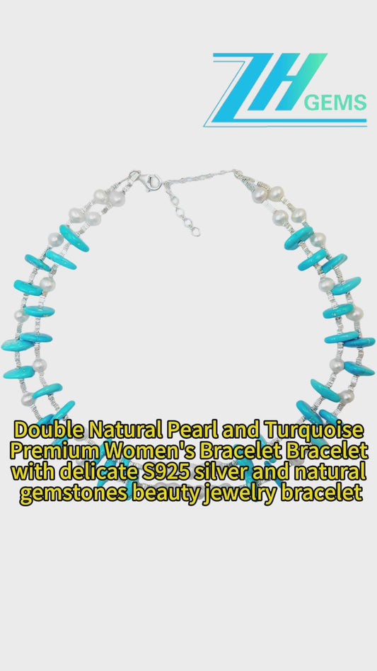 Double Natural Pearl and Turquoise Premium Women's necklace with delicate S925 silver and natural gemstones beauty jewelry necklace