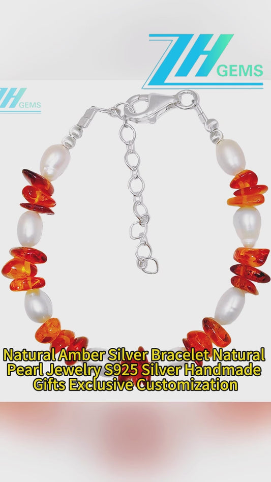 Natural Amber Silver Bracelet Natural Pearl Jewelry S925 Silver Handmade Gifts Exclusive Customization