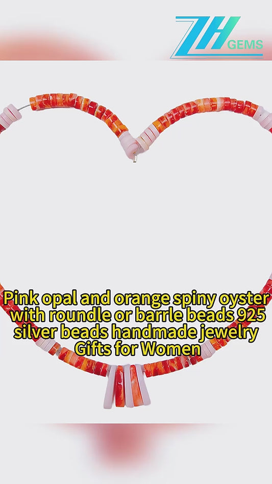 Pink Opal And Orange Spiny Oyster With Roundle Or Barrel Beads 925 Silver Beads Handmade Jewelry Unique Gifts For Women