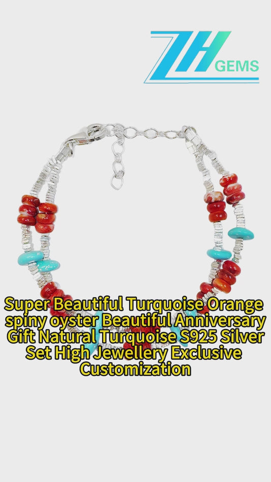 Super Beautiful Turquoise Orange Spiny Oyster Beautiful Anniversary Gift Natural Turquoise S925 Silver Set High Jewellery