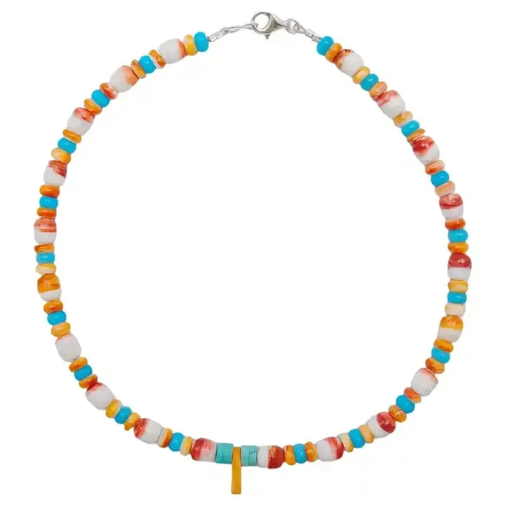 Natural Spiny Oyster Shell With Turquoise and Coral Native American Navajo Style Necklace Southwestern Boho choker