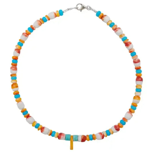 Natural Spiny Oyster Shell With Turquoise and Coral Native American Navajo Style Necklace Southwestern Boho choker